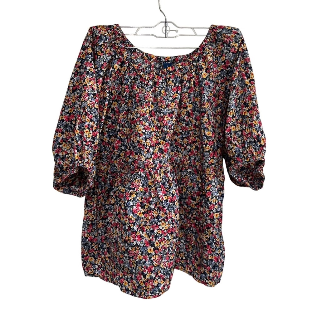 Old Navy Womens Large Ditsy Floral Puff Sleeve Babydoll Blouse Navy Blue Red